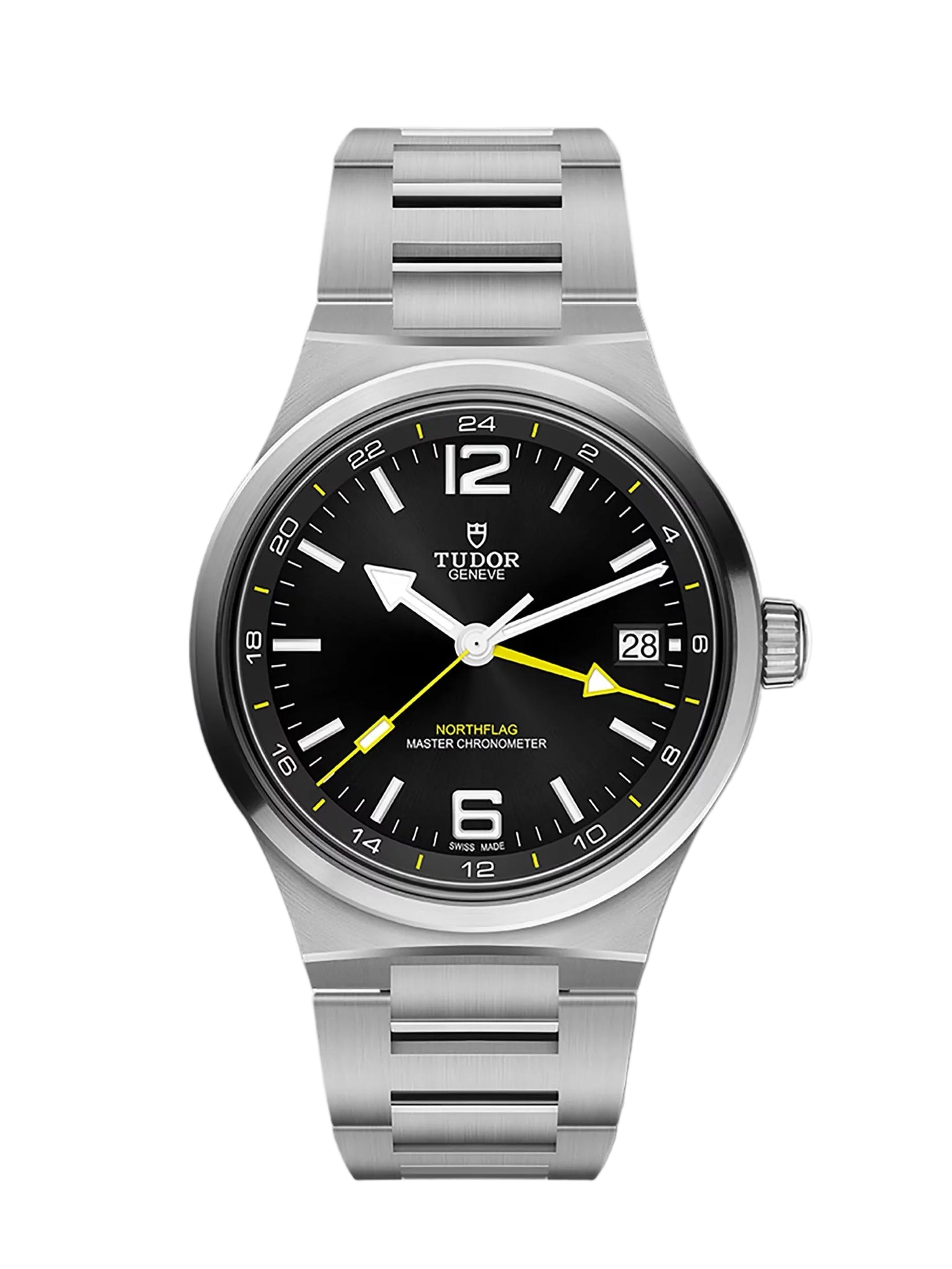 A Tudor Northcote Master Chronometer wristwatch with a stainless steel bracelet, black dial, and yellow accents, shown on a white background with a Tudor Boutique Edition logo in the bottom right corner.