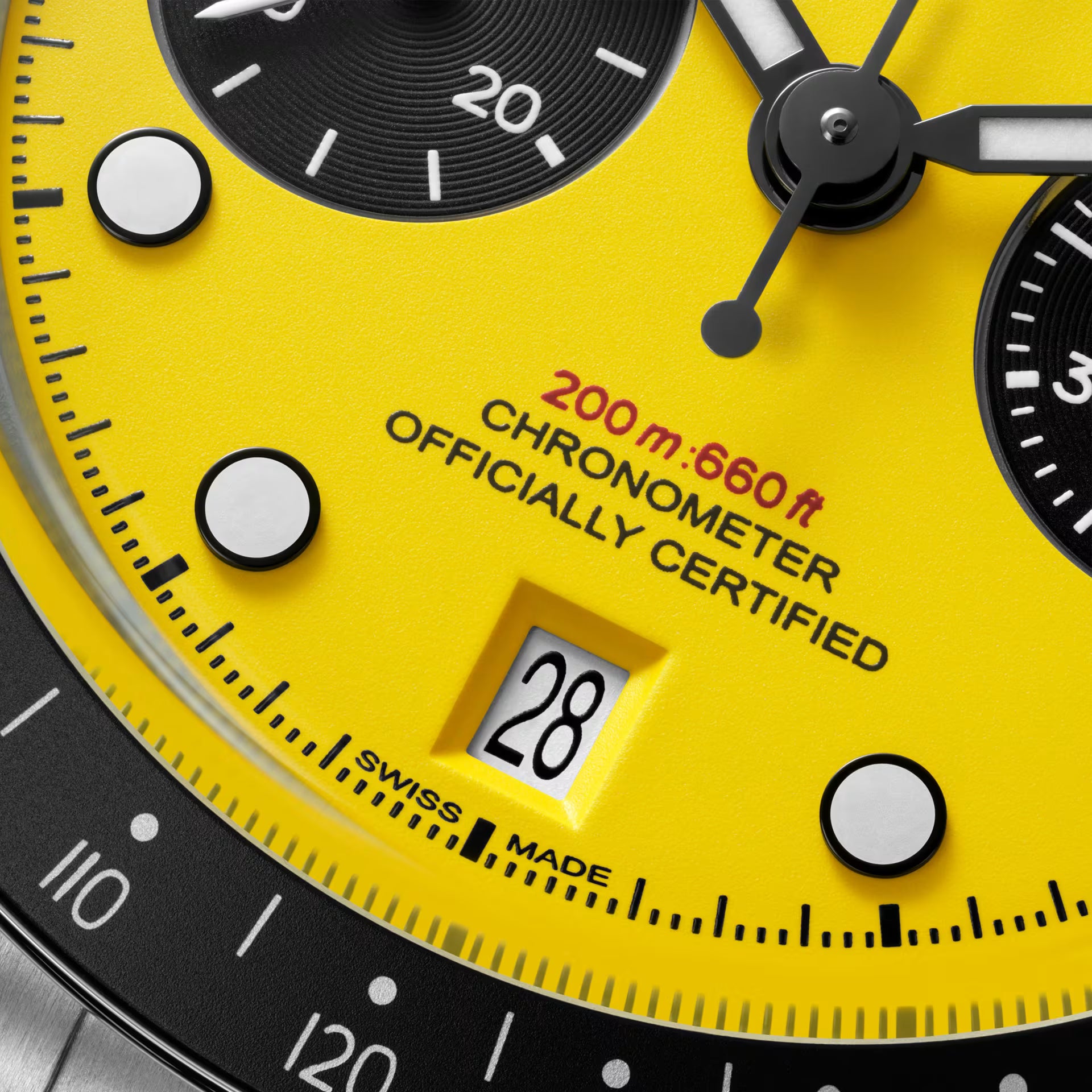 Men's watch with yellow dial, black chronograph subdials, white hour markers, and "200m/660ft Chronometer Officially Certifie