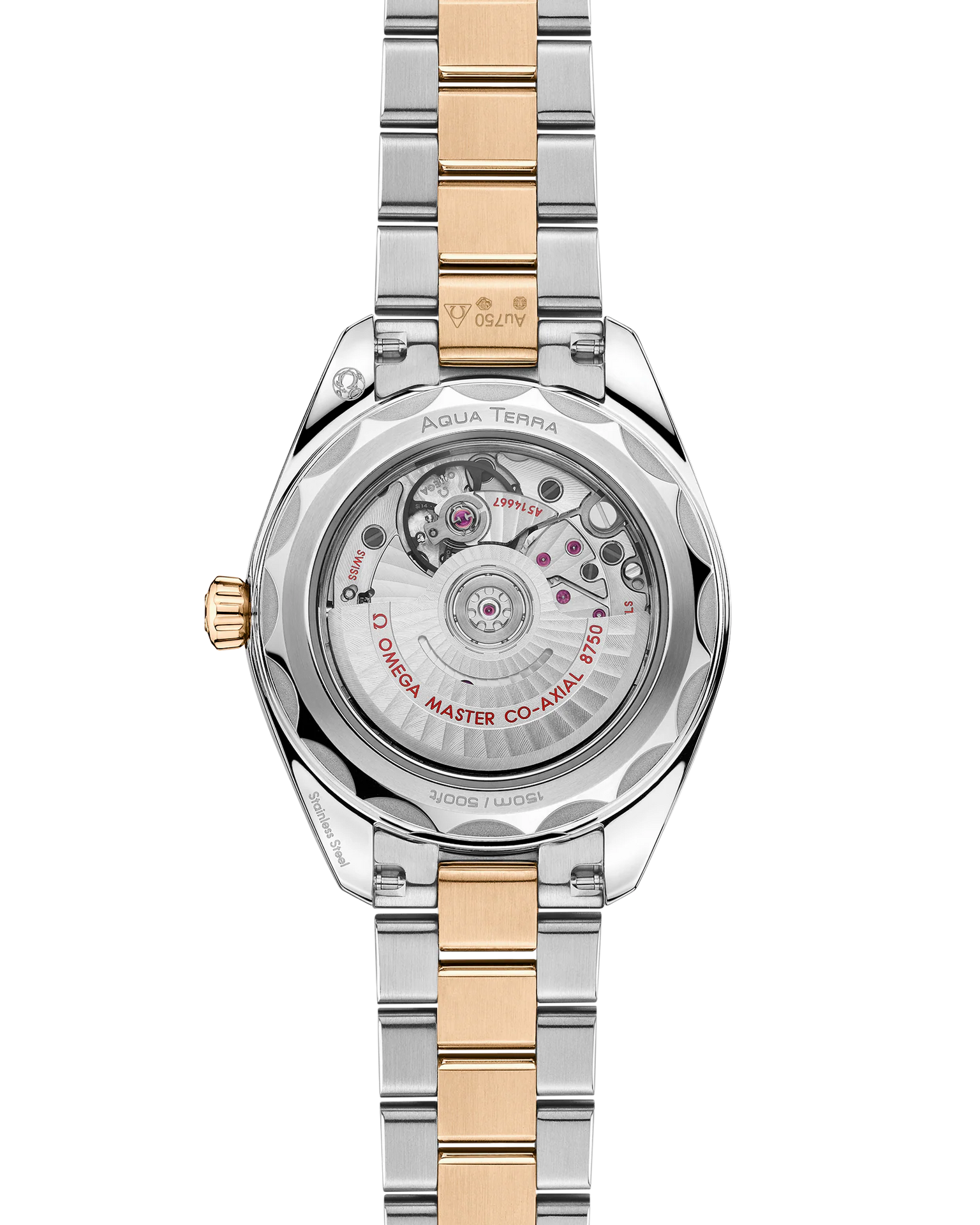 OMEGA Seamaster Aqua Terra 150M 30mm, Moonshine™ gold on steel Watch Transparent Caseback with a Moonshine™ gold on steel integrated two-tone bracelet.