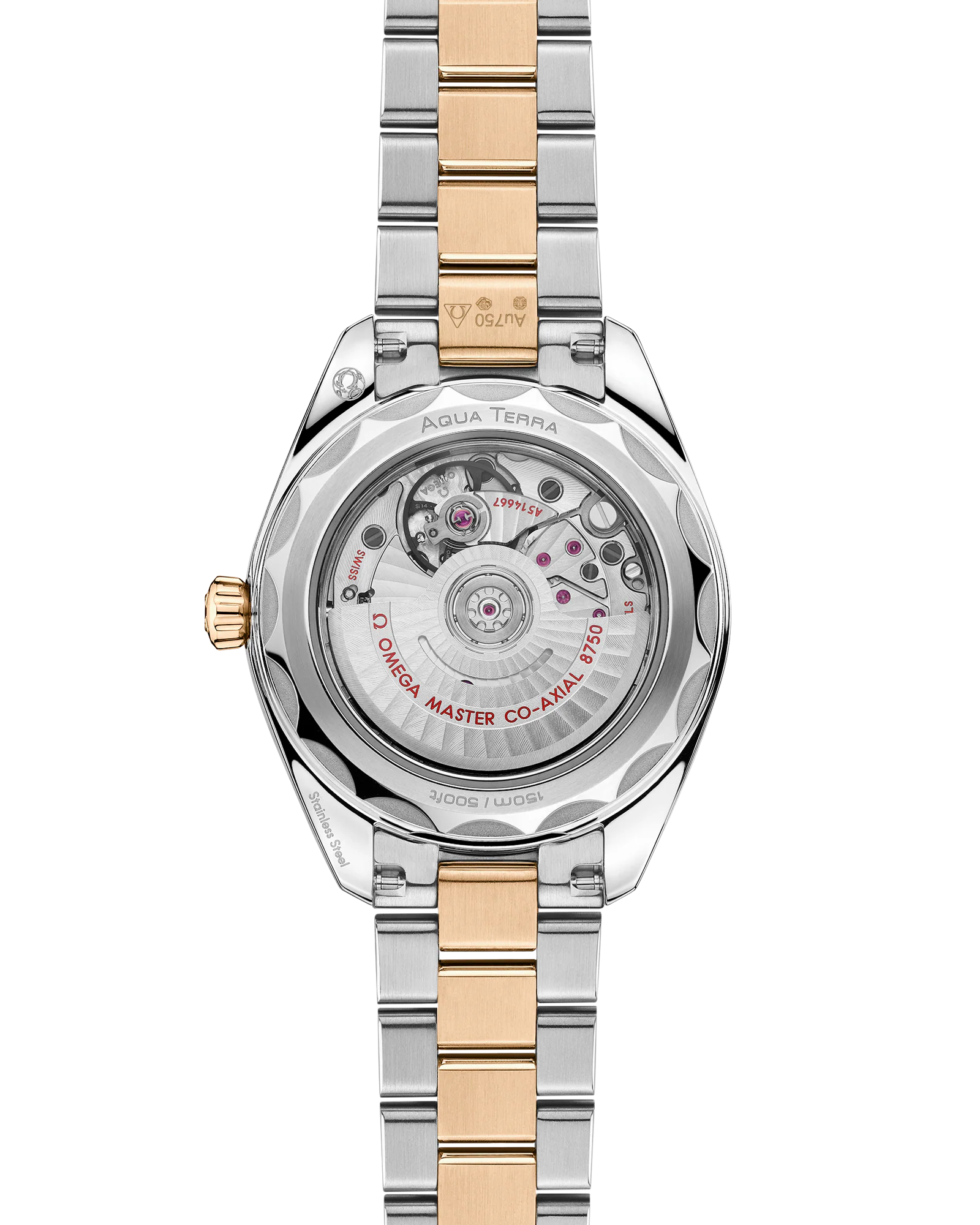 OMEGA Seamaster Aqua Terra 150M 30mm, Moonshine™ gold on steel Watch Transparent Caseback with a Moonshine™ gold on steel integrated two-tone bracelet.