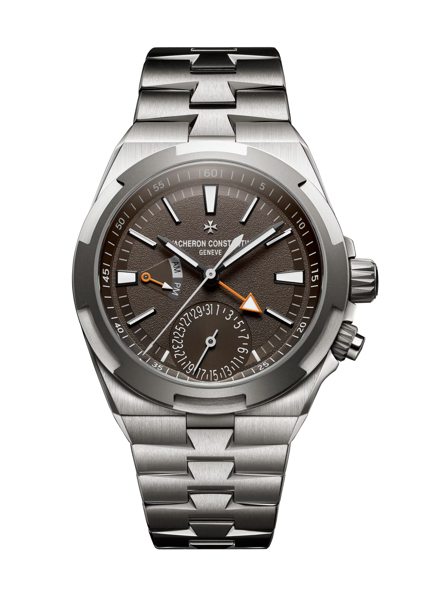 Stainless steel watch with dark brown dial, dual time zone subdial, orange triangle indicator, and metal bracelet.