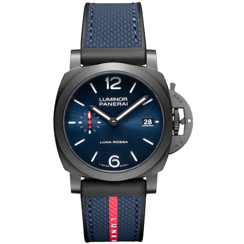 The Panerai Luminor Quaranta Steel DLC Luna Rossa is a luxury automatic watch featuring a blue dial, black case, blue strap with red and white stripe, white numerals, P.900 calibre, 3-day power reserve, and date at 3 o’clock.
