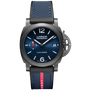 The Panerai Luminor Quaranta Steel DLC Luna Rossa is a luxury automatic watch featuring a blue dial, black case, blue strap with red and white stripe, white numerals, P.900 calibre, 3-day power reserve, and date at 3 o’clock.