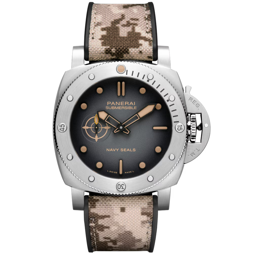 The Panerai Submersible QuarantaQuattro Navy SEALs is an automatic watch featuring a round black dial with beige markers and hands, set in a silver case with a camouflage fabric strap. It houses the P.900 calibre and offers a 3-day power reserve.