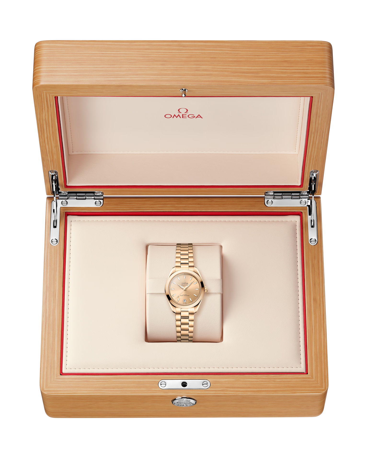 OMEGA Seamaster Aqua Terra 150M 30mm, Moonshine™ gold on Moonshine™ gold Watch, Moonshine™ Gold Dial on a Moonshine™ gold integrated bracelet in a wooden box.