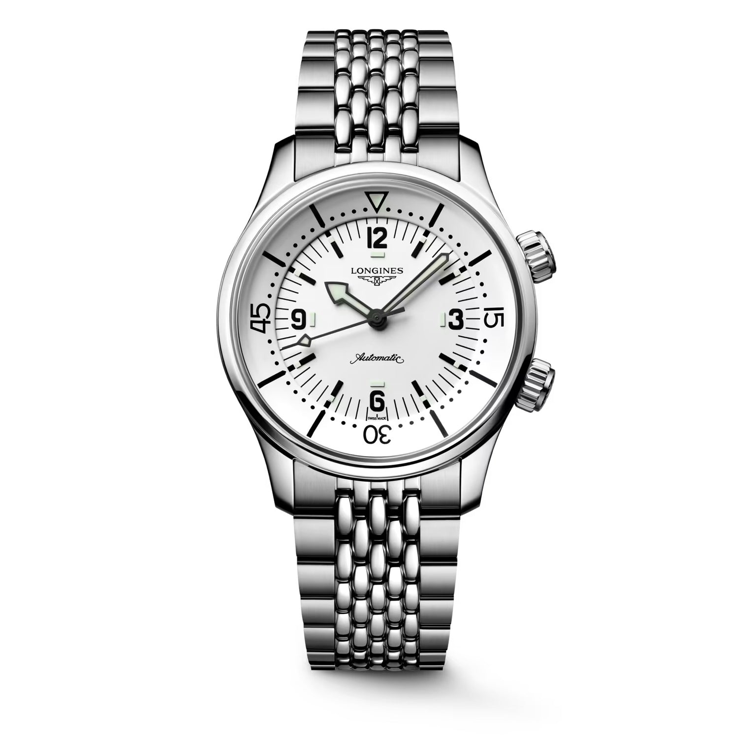 Longines Legend Diver wristwatch with a metal link band and a white dial featuring black markers and hands.