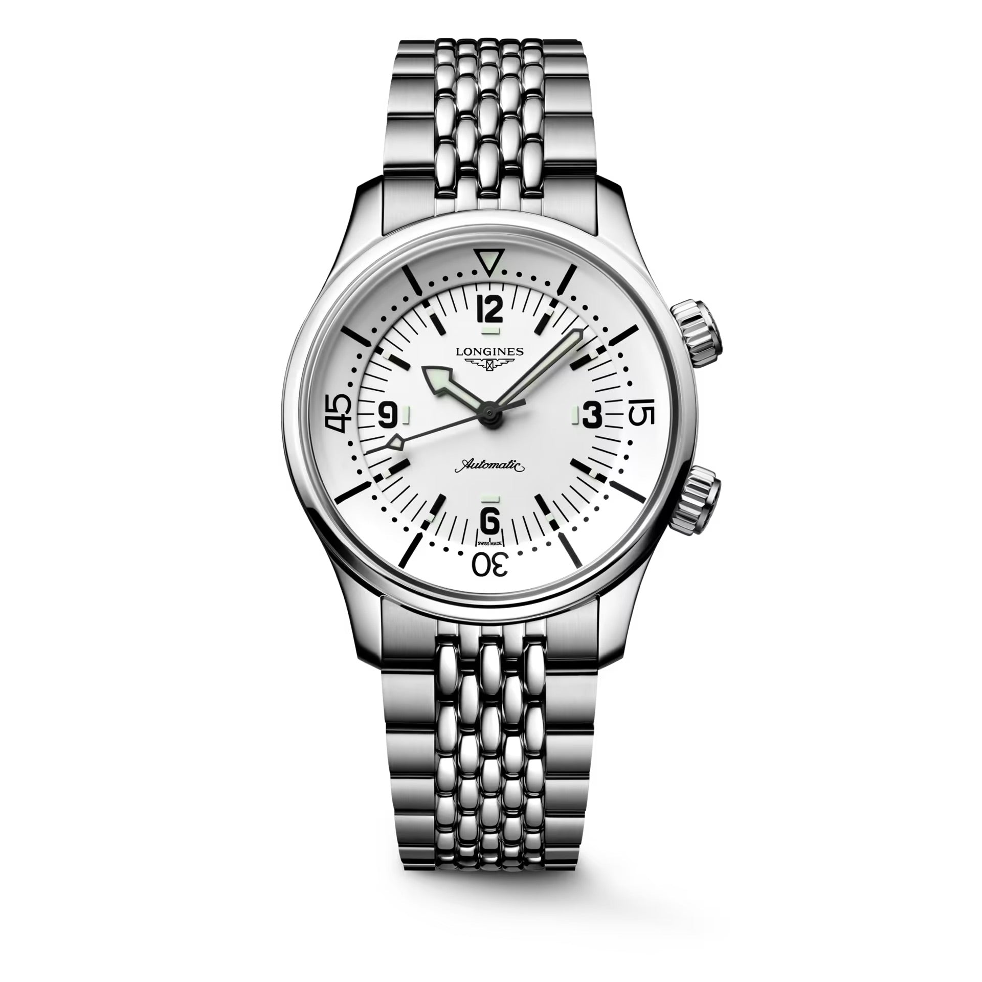 Longines Legend Diver wristwatch with a metal link band and a white dial featuring black markers and hands.