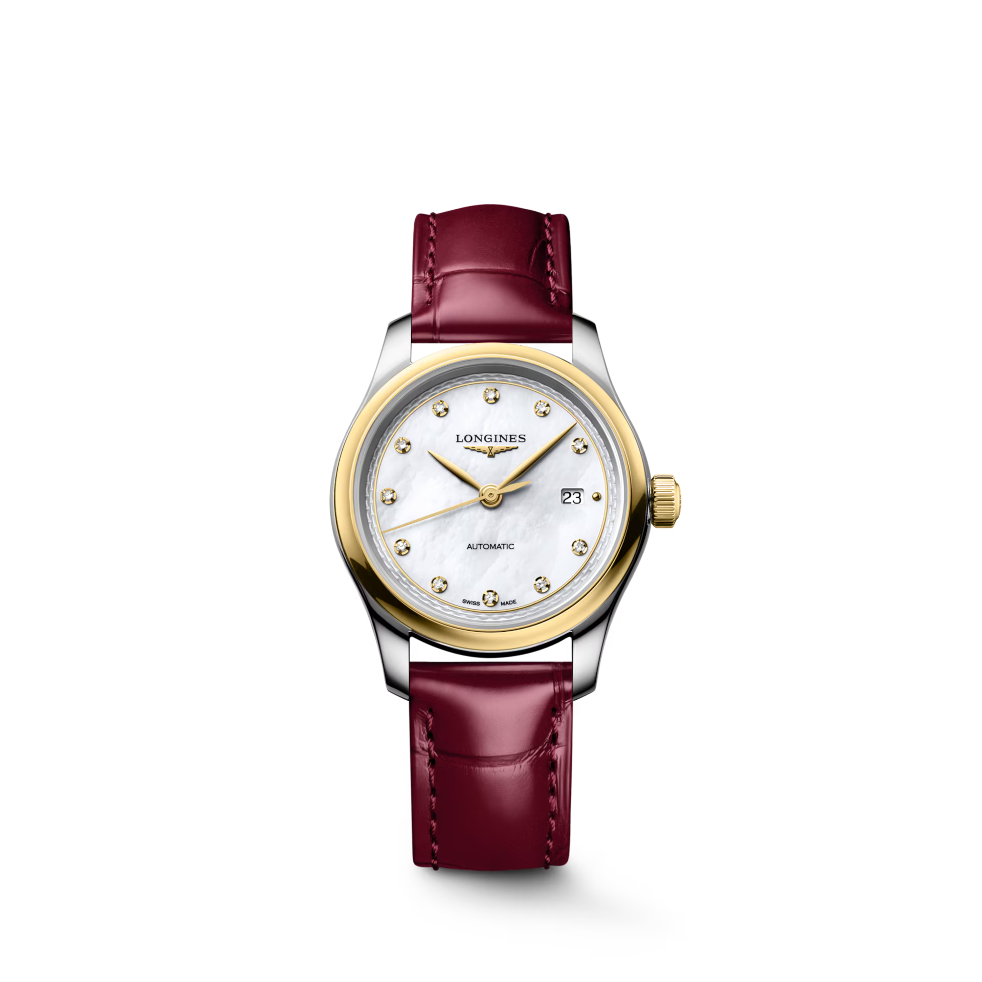 Master | 30mm, Stainless Steel and 18K Yellow Gold, White mother-of-pearl Dial, Bordeaux Alligator Leather, Womens Watch