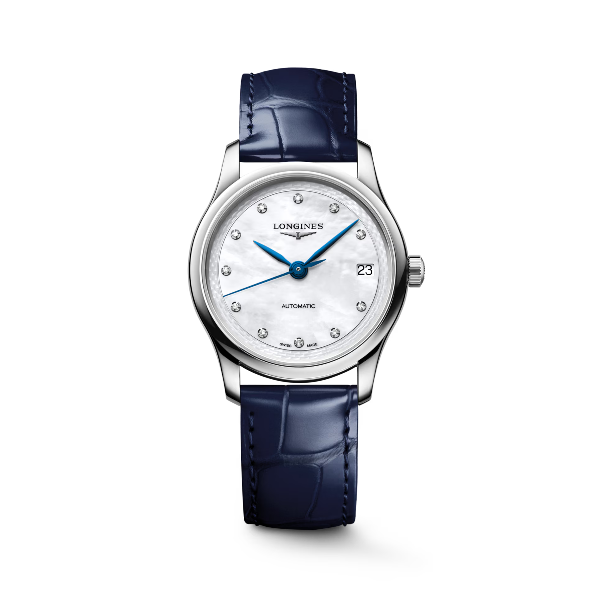 Master | 34mm, Stainless Steel, White mother-of-pearl Dial, Blue Alligator Leather, Womens Watch