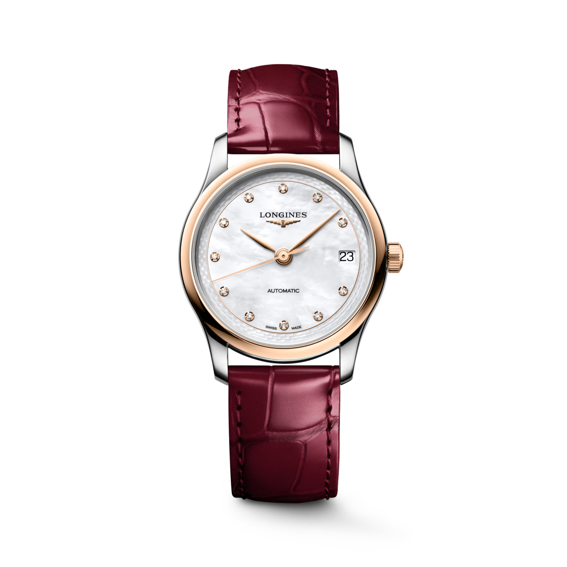 Master | 34mm, Stainless Steel and 18K Rose Gold, White mother-of-pearl Dial, Bordeaux Alligator Leather, Womens Watch