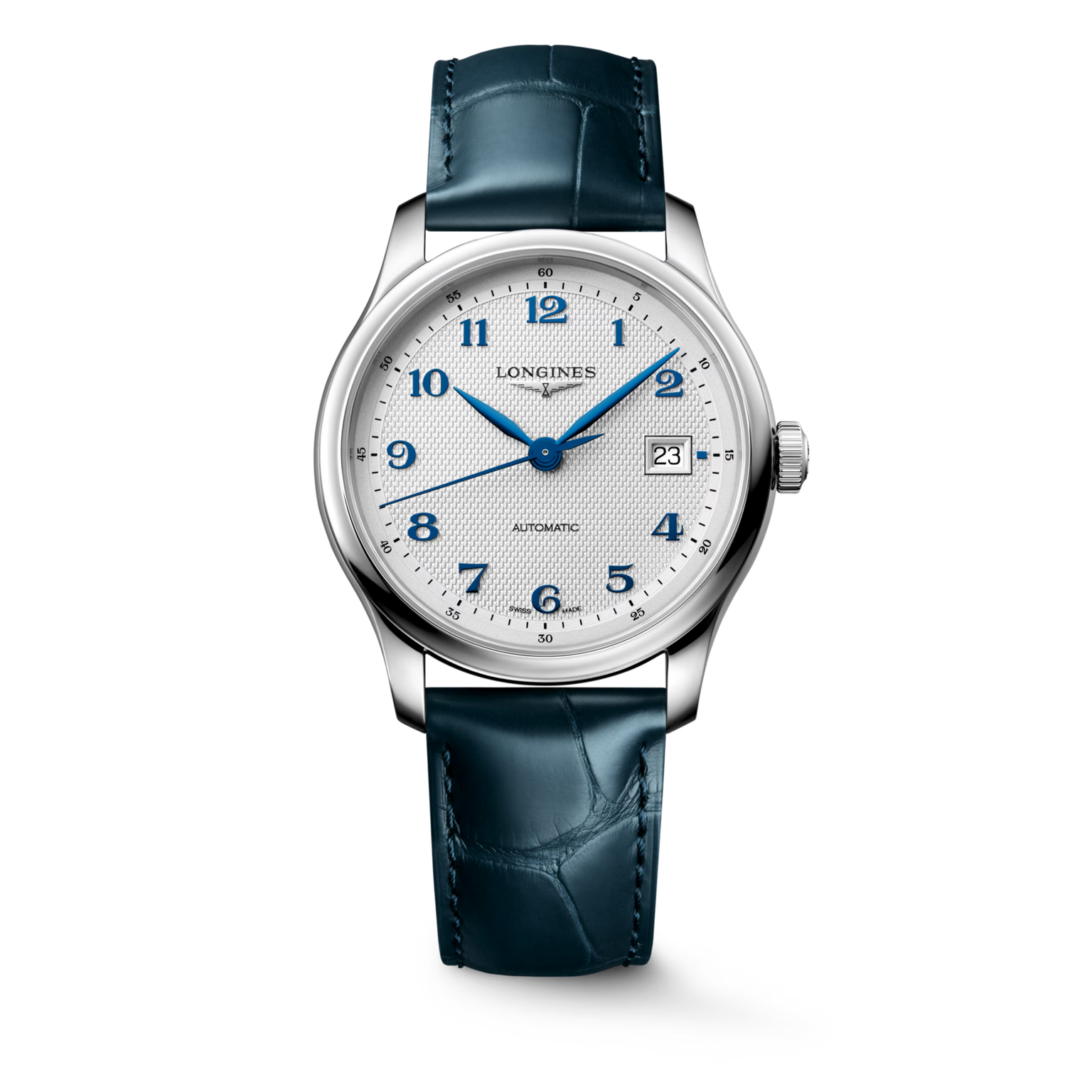 Master | 39mm, Stainless Steel, Silver "barleycorn" Dial, Blue Alligator Leather, Mens Watch