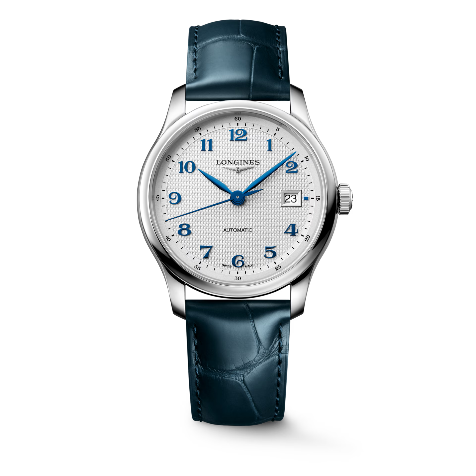 Master | 39mm, Stainless Steel, Silver "barleycorn" Dial, Blue Alligator Leather, Mens Watch