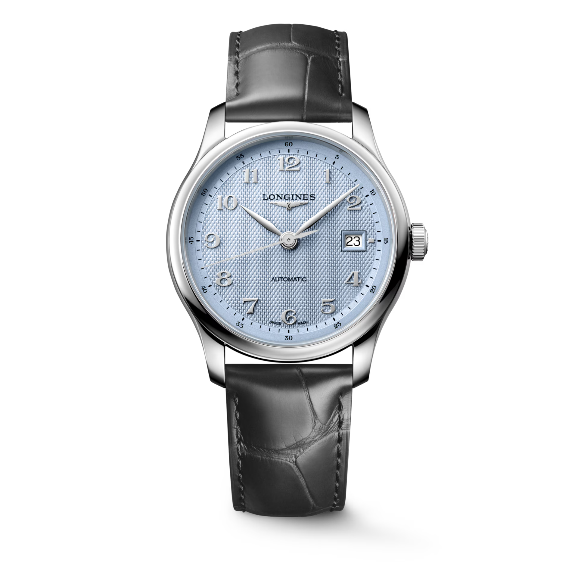 Longines Master watch with light blue dial, Arabic numerals, date window, stainless steel case, and black alligator leather s