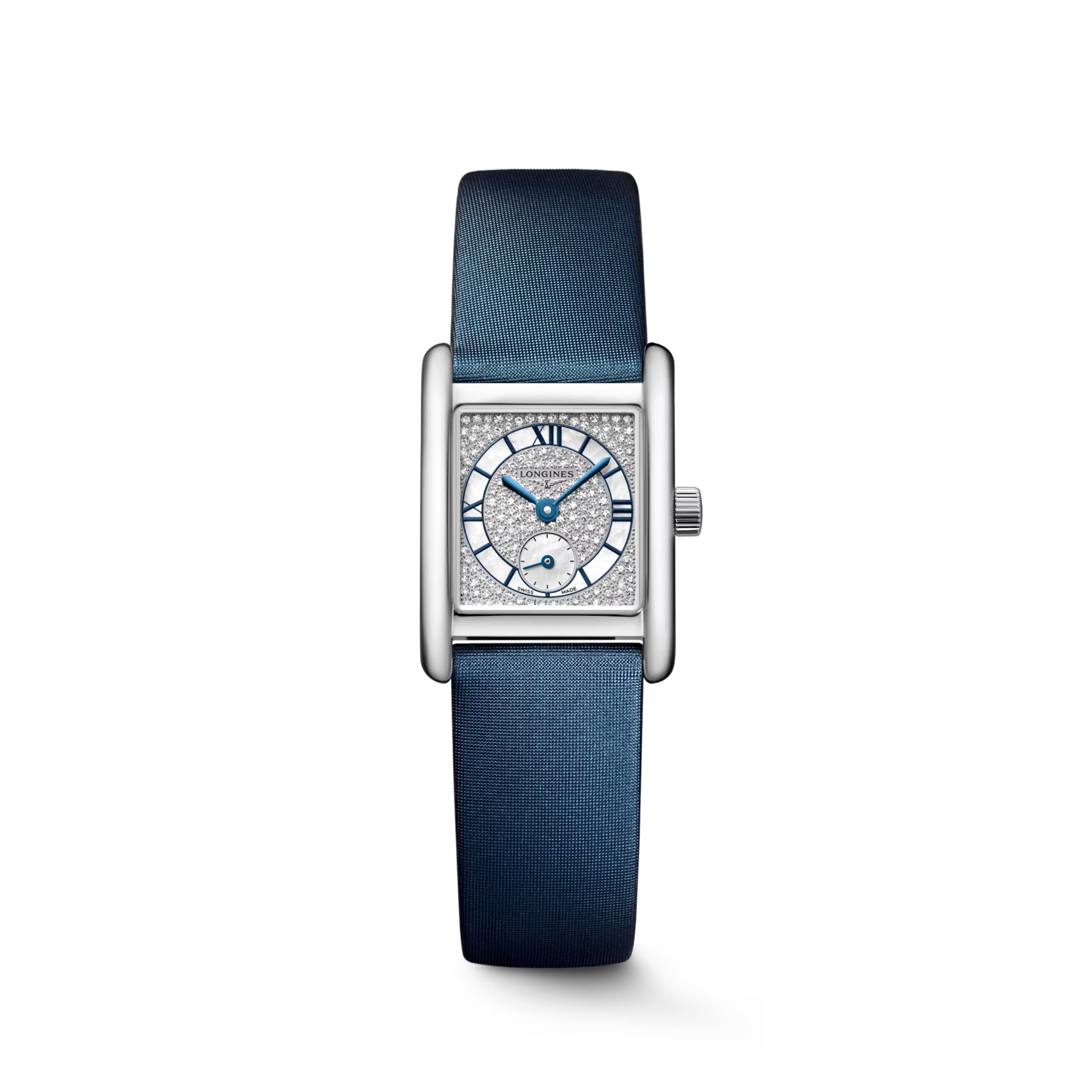 Mini DolceVita | 29mm, Stainless Steel, Snow-set & White mother-of-pearl Dial, Blue Veal Leather Strap, Womens Watch