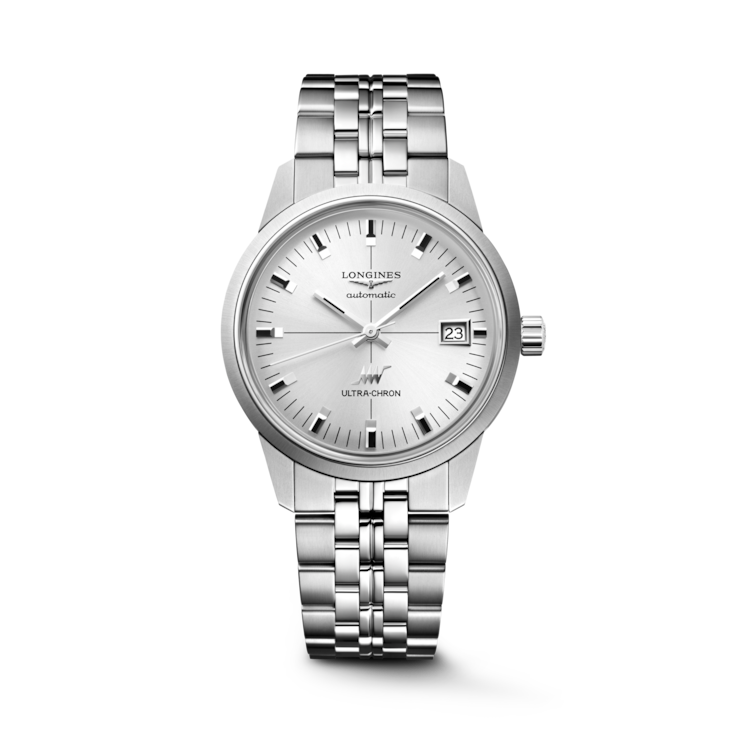 The Longines Ultra-Chron Classic is a silver automatic wristwatch featuring a round white dial, silver markers and hands, a date window at 3 o’clock, and a stainless steel bracelet. This chronometer-certified model stands out in style.