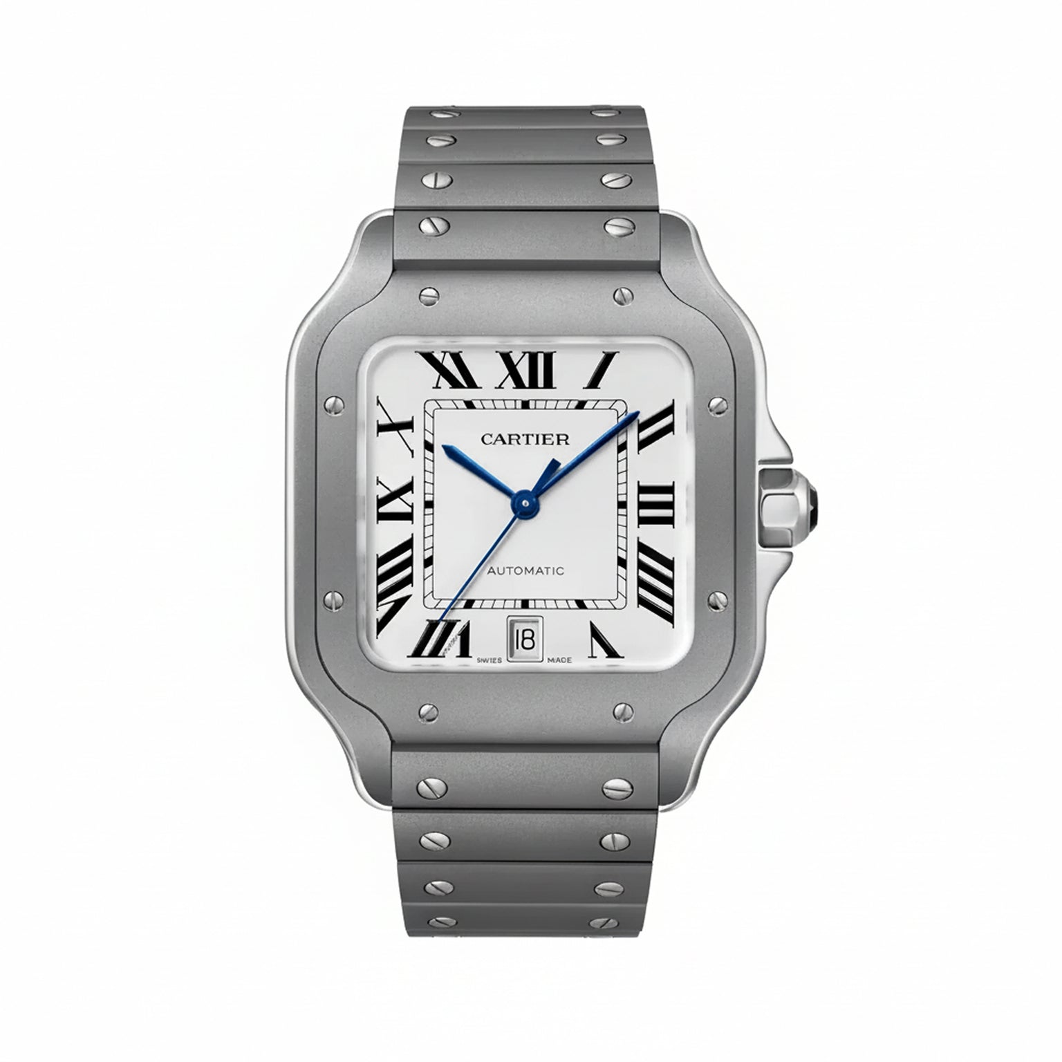 The Cartier Santos De Cartier Large Model features a silver square face, Roman numeral markers, blue hands, automatic movement, a 6 o’clock date window, and a metal bracelet with visible screw details.