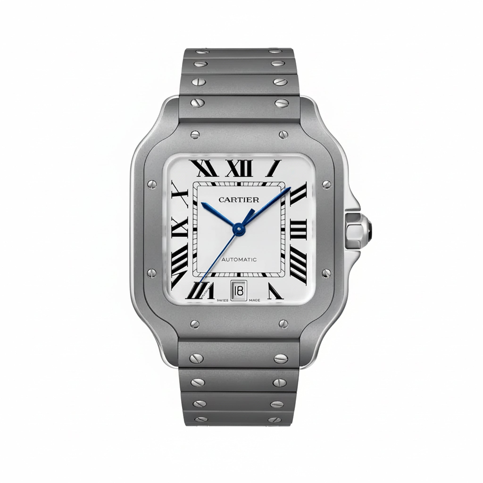 The Cartier Santos De Cartier Large Model features a silver square face, Roman numeral markers, blue hands, automatic movement, a 6 o’clock date window, and a metal bracelet with visible screw details.