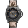 The Panerai Submersible QuarantaQuattro GMT Navy SEALs Carbotech™ features a dark round dial, date display, gold accents, black bezel with crown guard, power reserve of 3 days, and a tan-black camouflage strap.