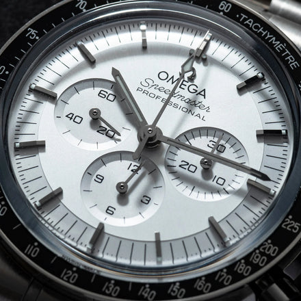 Close-up of an Omega Speedmaster Professional watch showing the dial and subdials in detail.