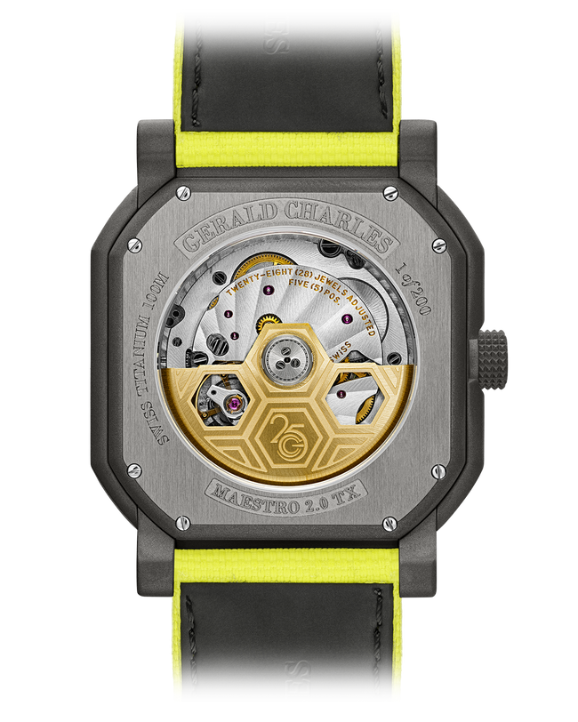 The back of a Gerald Charles Maestro GC Sport Tennis Limited Edition watch shows visible gears, a gold rotor, and a black and yellow strap.