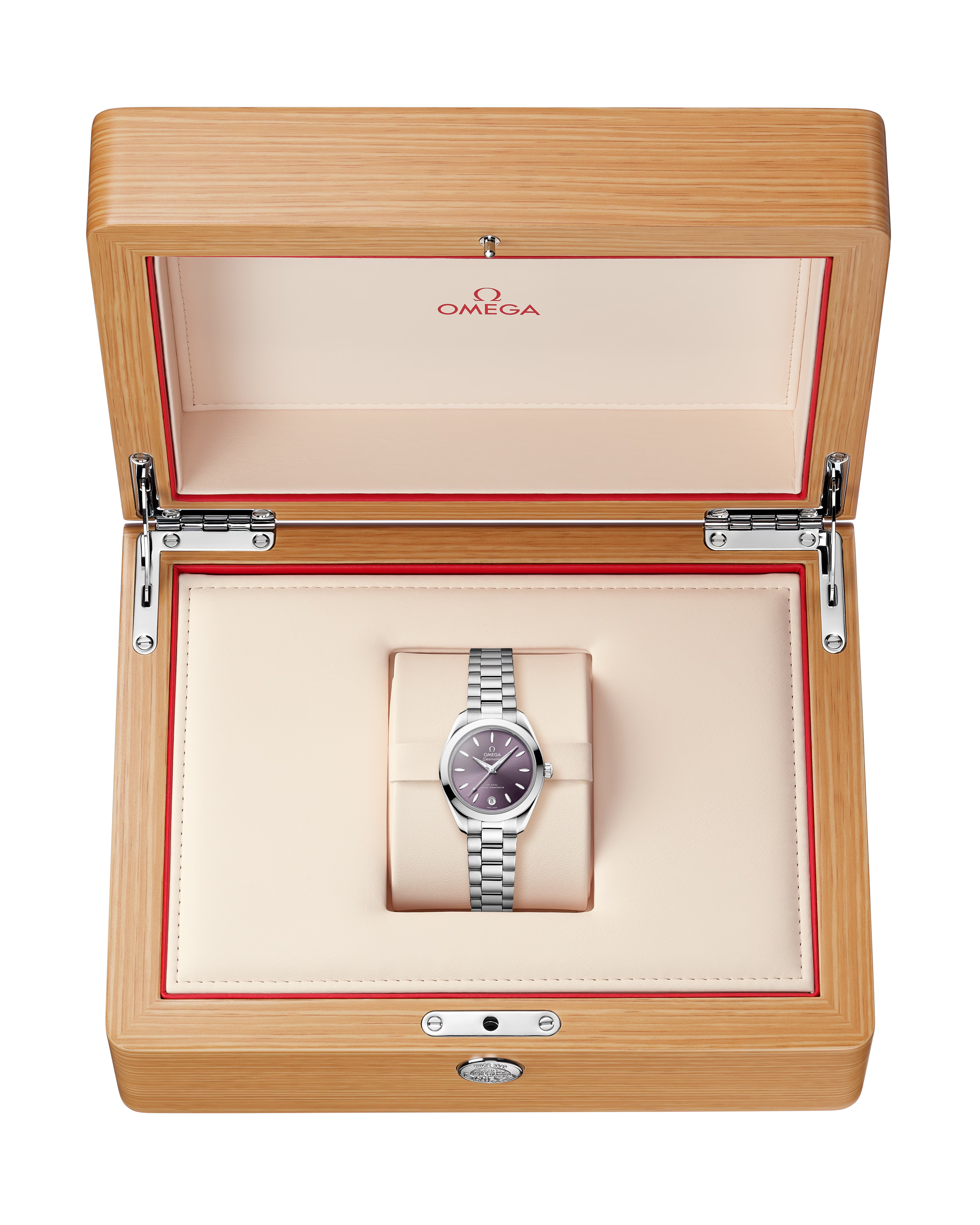 OMEGA Seamaster Aqua Terra 150M 30mm Steel on Steel Lavender Dial Watch in a wooden box